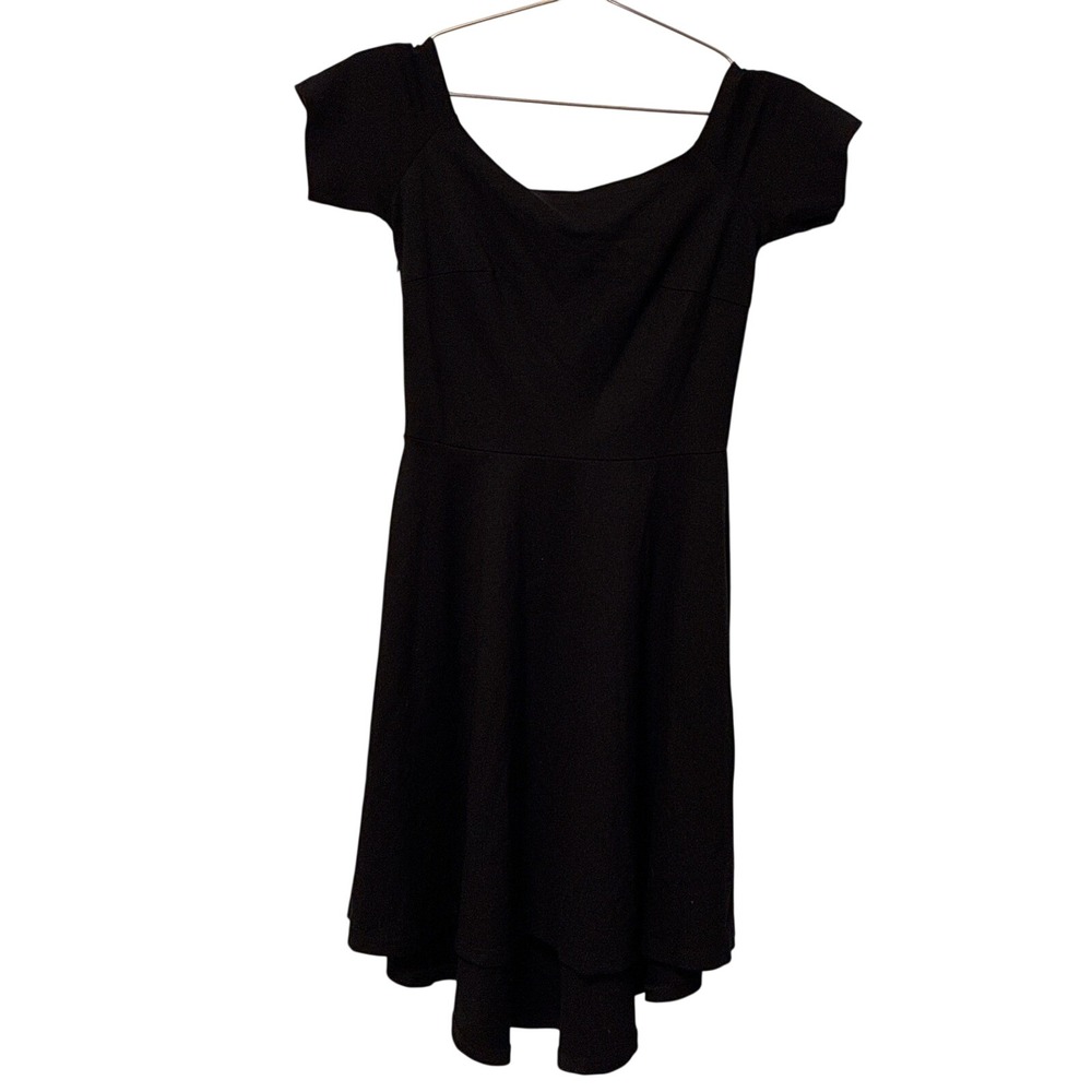 Sarin Mathews Black Off Shoulder Skater Dress High Low Hem Small Cocktail Party